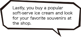 Lastly, you buy a popular soft-serve ice cream and look for your favorite souvenirs at the shop.