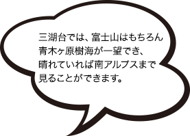 三湖台では、富士山はもちろん、青木ヶ原樹海が一望でき、晴れていれば南アルプスまで見ることができます。