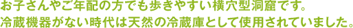 お子さんやご年配の方でも歩きやすい横穴型洞窟です。冷蔵機器がない時代は天然の冷蔵庫として使用されていました。