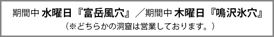 期間中 水曜日『富岳風穴』／期間中 木曜日『鳴沢氷穴』（※どちらかの洞窟は営業しております。）